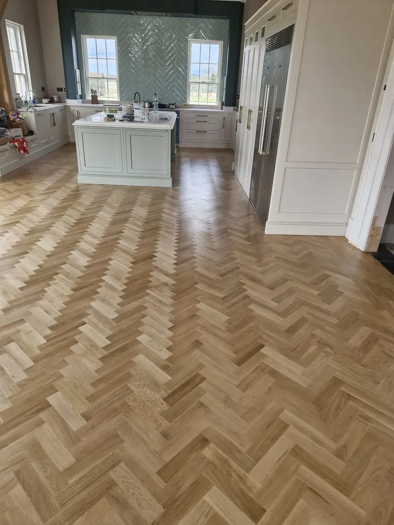 Herringbone through an open plan kitchen and dining room